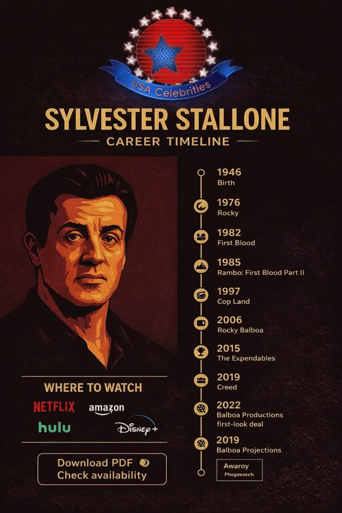 Infographic timeline of Sylvester Stallone’s career (1946–2026) showing key milestones: Rocky, Rambo, Creed, Tulsa King, Balboa Productions, and where to watch his top films.