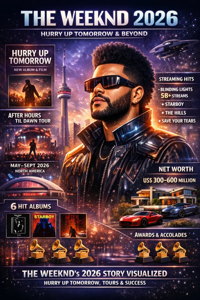The Weeknd in 2026, featuring his futuristic portrait, Toronto skyline, and highlights from his albums, Hurry Up Tomorrow trilogy, 2026 world tour, and net worth overview.