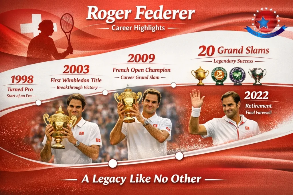 “Roger Federer's career timeline infographic showing key milestones Wimbledon 2003, French Open 2009, 20 Grand Slams, and retirement in 2022 elegant design in Swiss red and white.