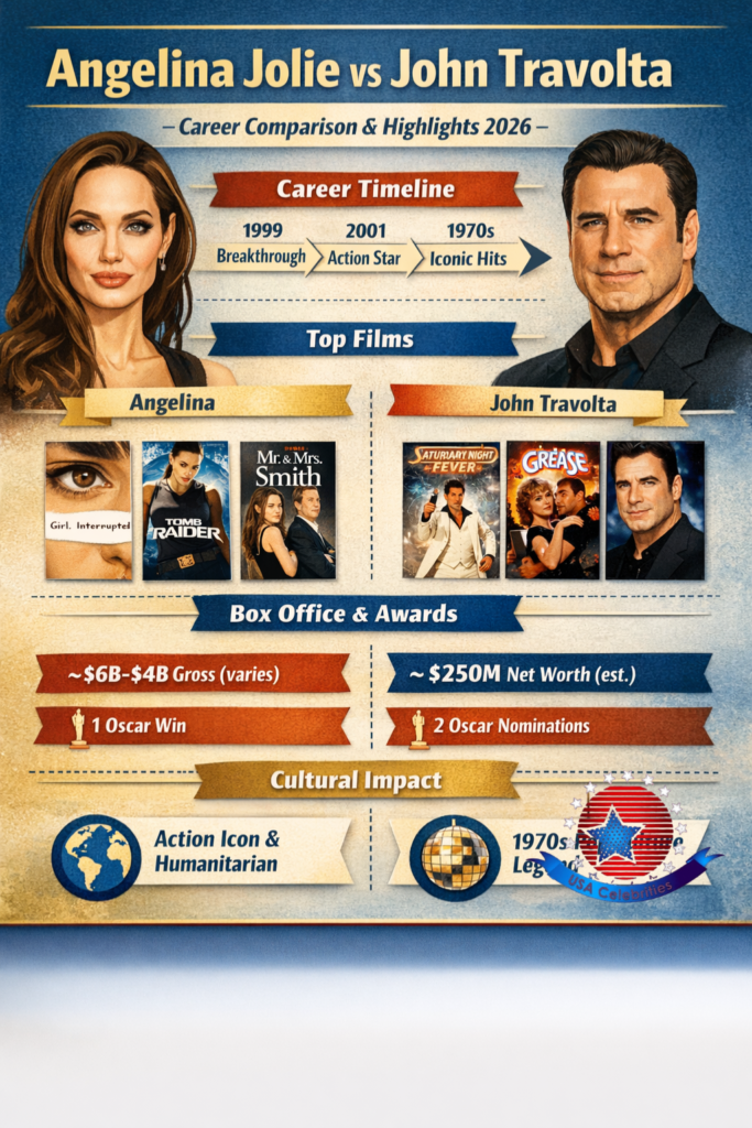 Infographic comparing Angelina Jolie and John Travolta's careers in 2026, featuring timelines, top films, box office totals, awards, net worth estimates, and cultural impact highlights.
