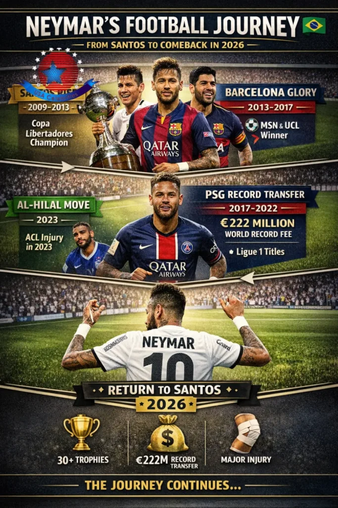 “Infographic showing Neymar’s full career timeline, record transfers, trophies, injuries, and 2026 return to Santos  visual guide to his football journey.”