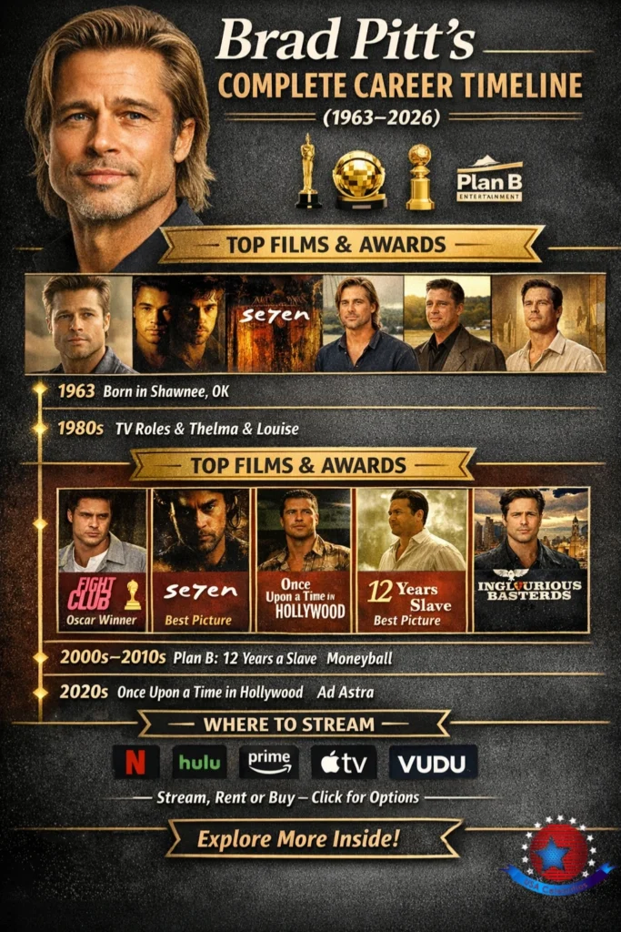 Infographic: Brad Pitt career timeline 1963–2026 with top films, awards, Plan B highlights, and where to stream.
Brad Pitt career timeline infographic (1963–2026): ranked best movies, awards timeline, Plan B producing highlights, streaming guide.
Portrait-style infographic of Brad Pitt showing decades, top 10 films, awards, and streaming tips updated October 27, 2026.
