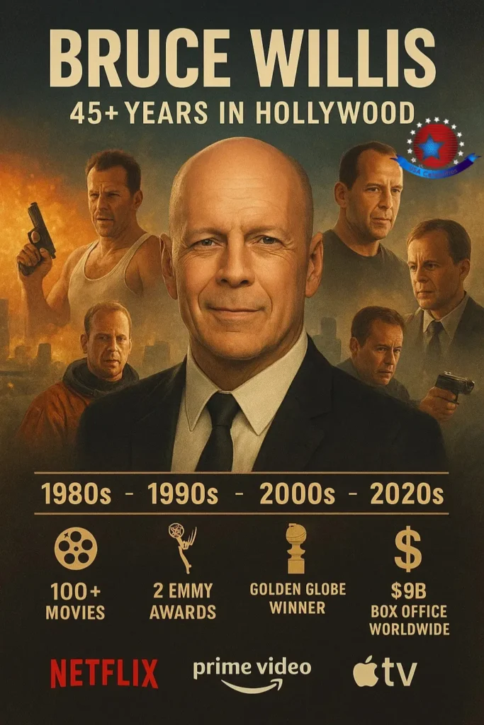 Bruce Willis biography 2026 poster featuring career timeline, Die Hard, The Sixth Sense, and major Hollywood achievements.