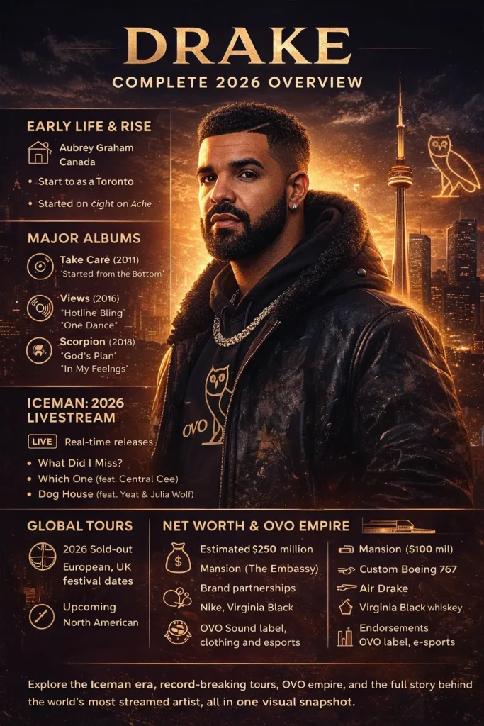 Realistic illustrated infographic of Drake (Aubrey Drake Graham) showing his 2026 career highlights from early life and iconic albums like Take Care and Scorpion to the Iceman livestream project, global tours, and estimated $250 million net worth, presented with a Toronto skyline and OVO-themed visuals.