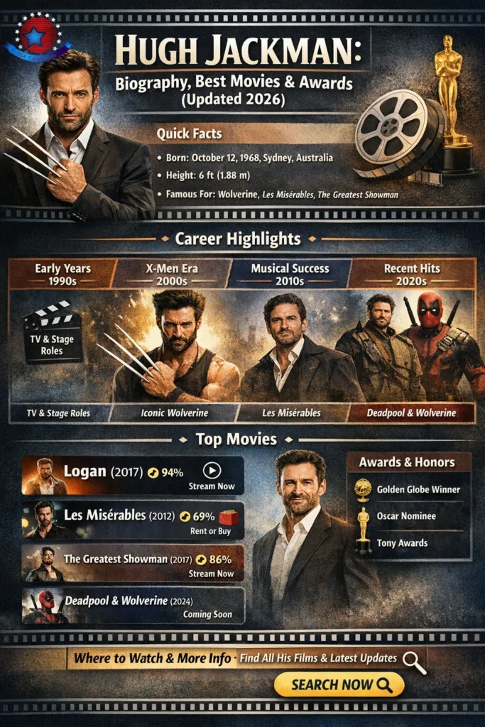 Hugh Jackman infographic (2026) featuring biography, age 56, Sydney-born Australian actor, Wolverine role in X-Men, Logan (2017), Les Misérables (2012), The Greatest Showman (2017), awards including Golden Globe, and career timeline highlights.