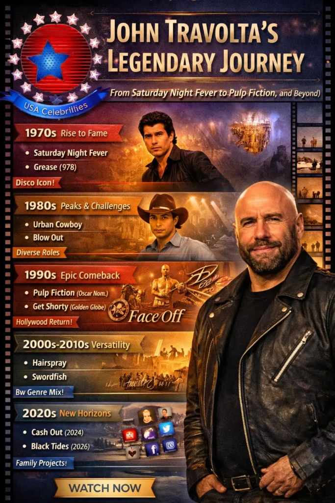“John Travolta career timeline infographic (1970–2026) showing key movies, awards, and streaming highlights in a modern cinematic design.”