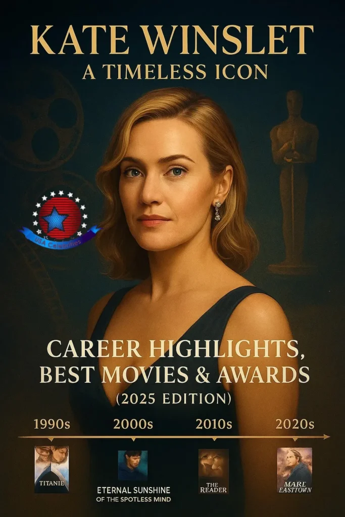 Infographic of Kate Winslet highlighting her career timeline, best movies, and major awards from the 1990s to 2026, featuring an elegant portrait and cinematic design.