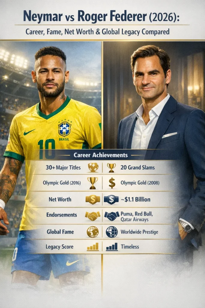 Neymar vs Roger Federer comparison infographic showing career achievements, net worth, global fame, brand influence, and sports legacy side by side.
