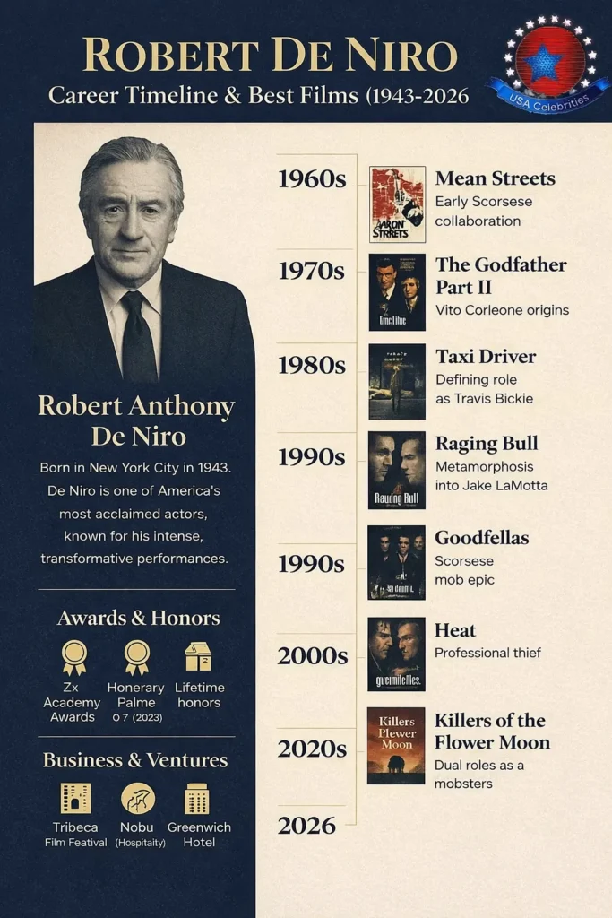 Robert De Niro career timeline infographic (1943–2026) showing portrait, decade-by-decade milestones, top films, awards, and business ventures.