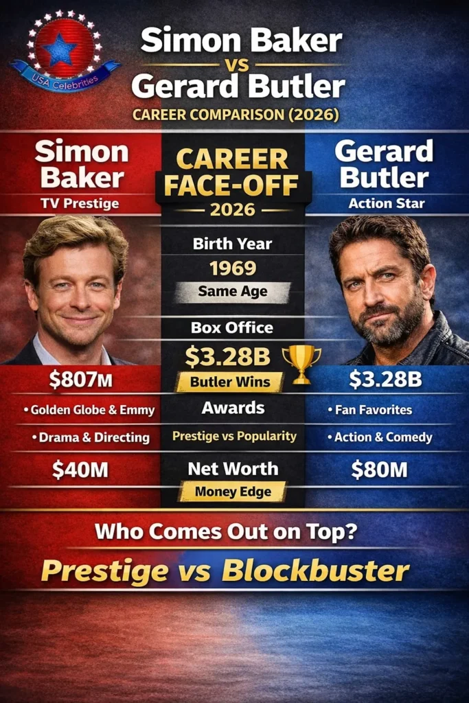 Simon Baker vs Gerard Butler career comparison infographic showing box office totals, awards, acting styles, net worth, and prestige vs blockbuster success in 2026.