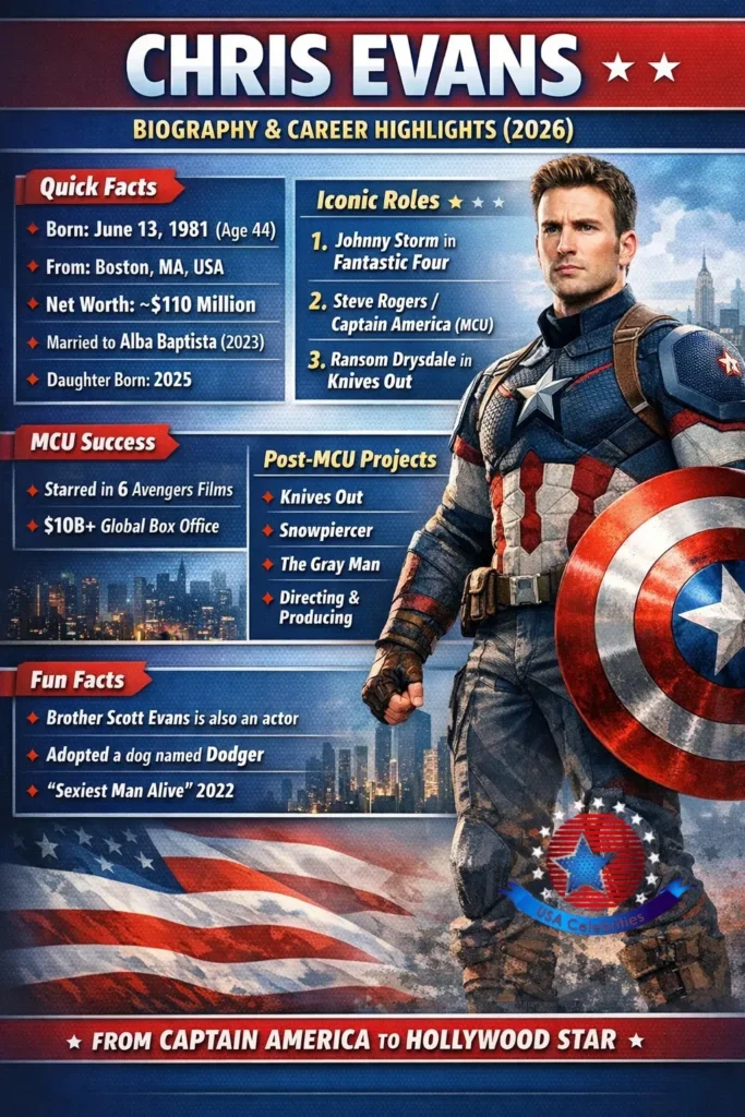 “Chris Evans at a 2024 press event, transitioning from MCU superhero to selective indie films and directing projects.