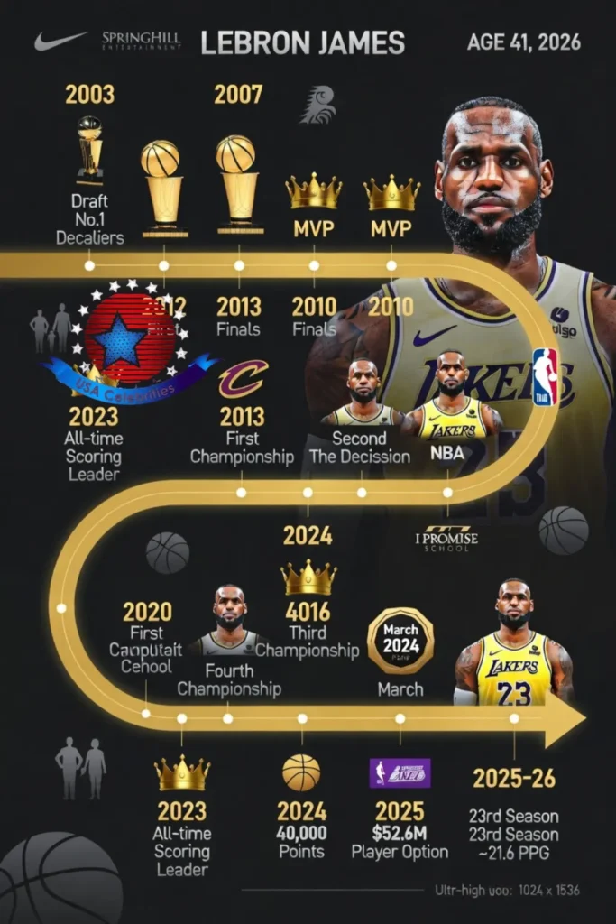 “LeBron James infographic timeline full career from 2003 NBA Draft to 2026 Lakers season, championships, records, and net worth milestones.”

