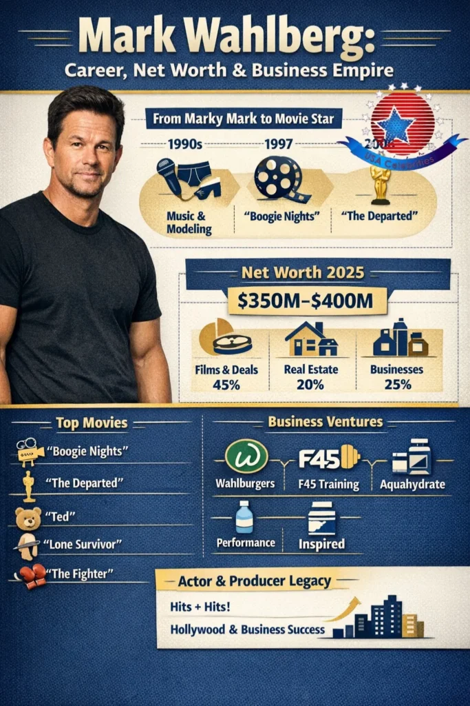 Infographic of Mark Wahlberg showing his career timeline from Marky Mark to Hollywood actor, top movies like Boogie Nights and The Departed, major businesses including Wahlburgers and F45 Training, and estimated net worth of $350M–$400M.