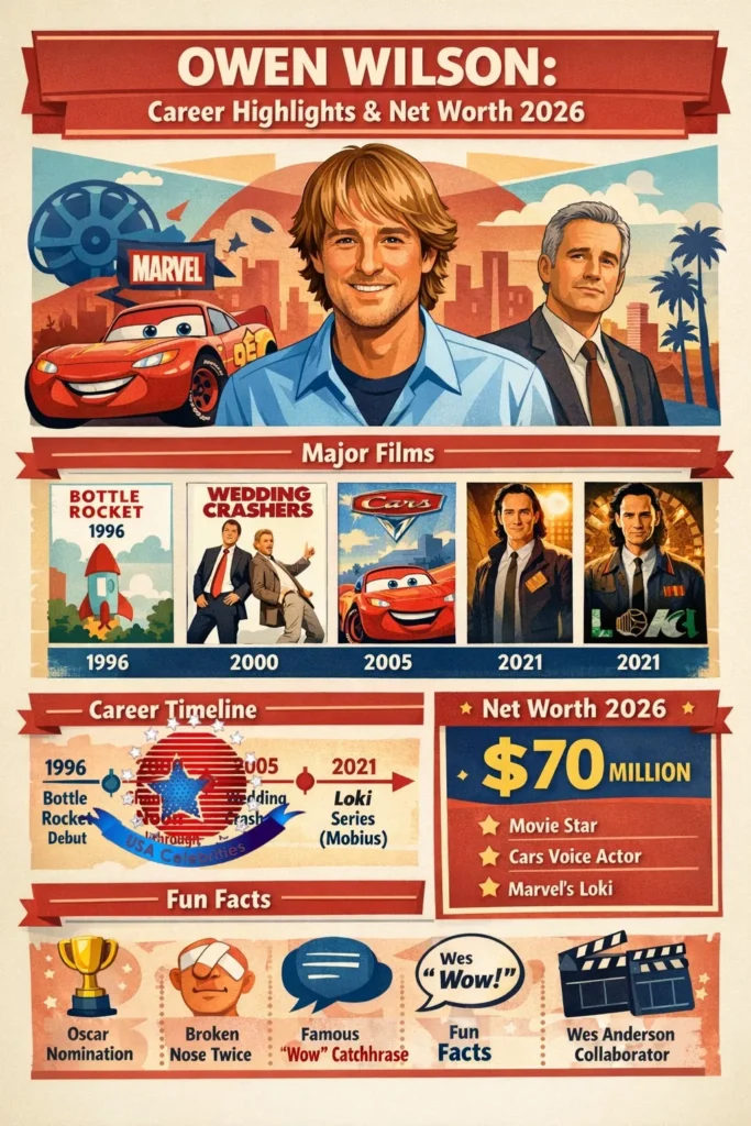 Owen Wilson's career timeline infographic showing his biography, best movies, Marvel role in Loki, and estimated $70 million net worth in 2026