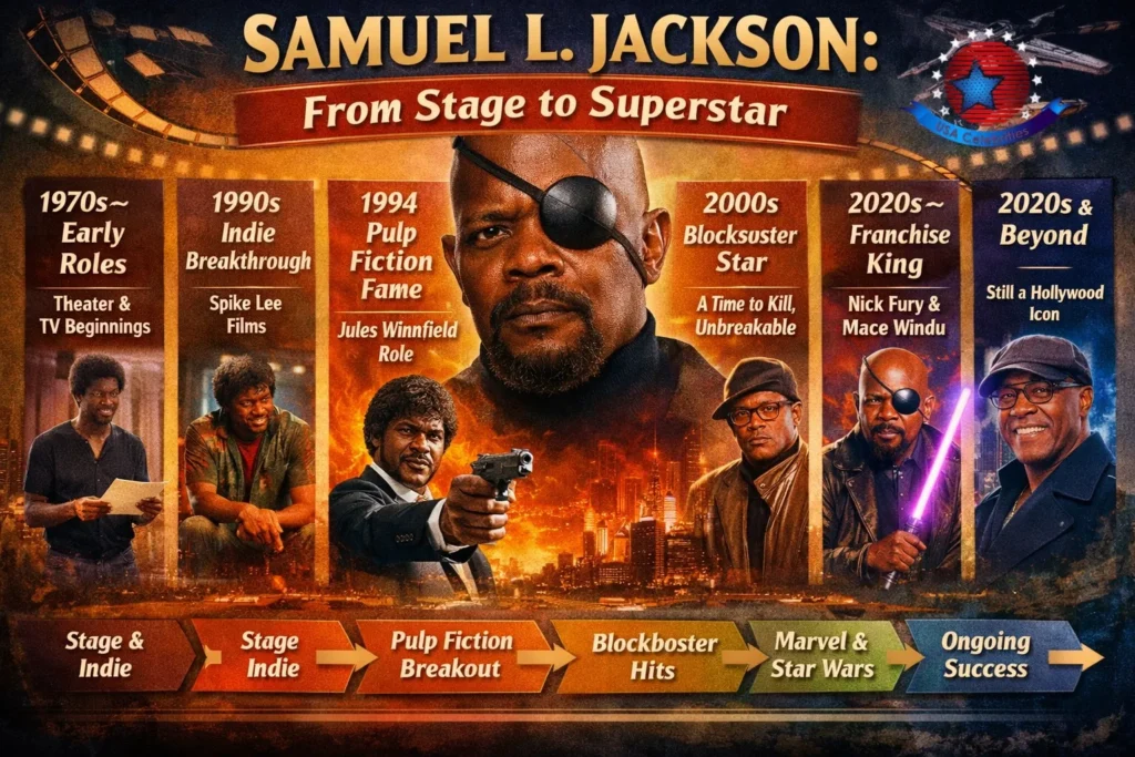 Samuel L. Jackson career infographic showing biography, Pulp Fiction breakthrough, Marvel Nick Fury role, Star Wars Mace Windu character, major movies, awards, and 2026 net worth.