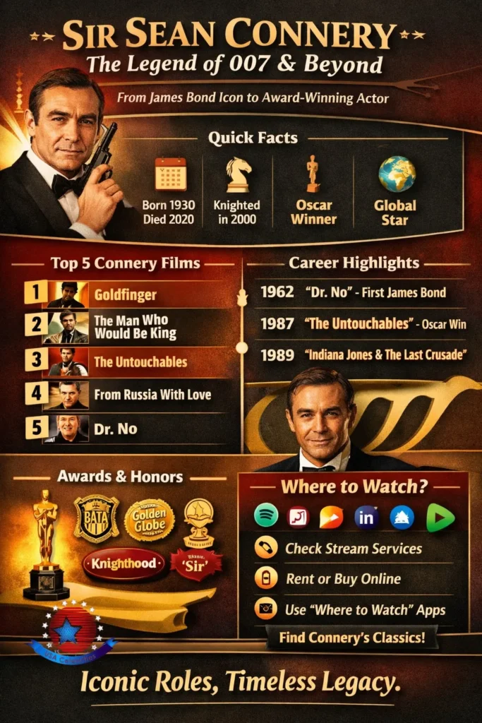 Infographic of Sean Connery featuring biography, best movies like Goldfinger and The Untouchables, major awards, and where to watch his films in 2026.