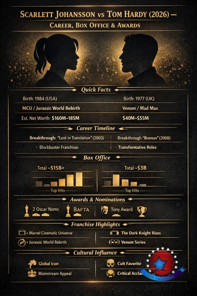  Infographic comparing Scarlett Johansson and Tom Hardy in 2026, highlighting career box office, awards, franchises, and cultural influence with illustrated silhouettes and charts.