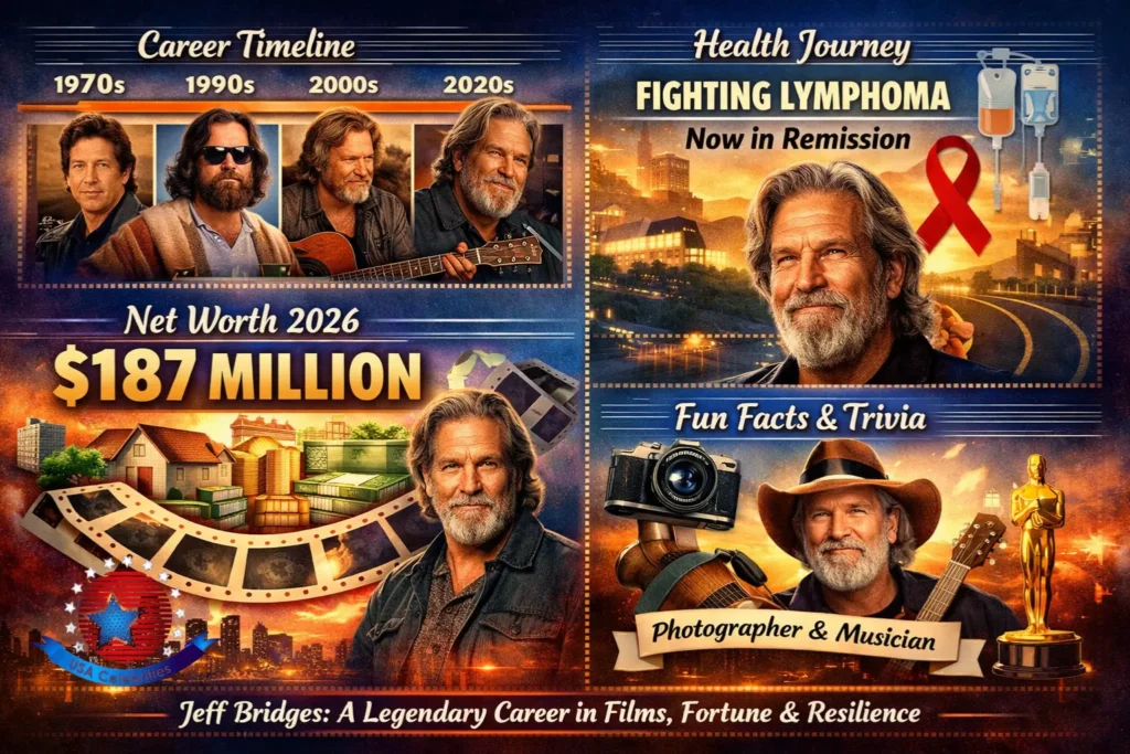  “Jeff Bridges collage featuring his iconic roles in The Big Lebowski, Crazy Heart, True Grit, and TRON, with awards symbols and Hollywood backdrop.”