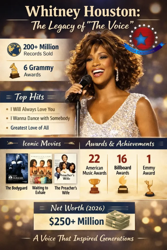  Whitney Houston infographic showing biography highlights, top songs, movies, awards, and an estimated $250M net worth, highlighting the legacy of “The Voice”.