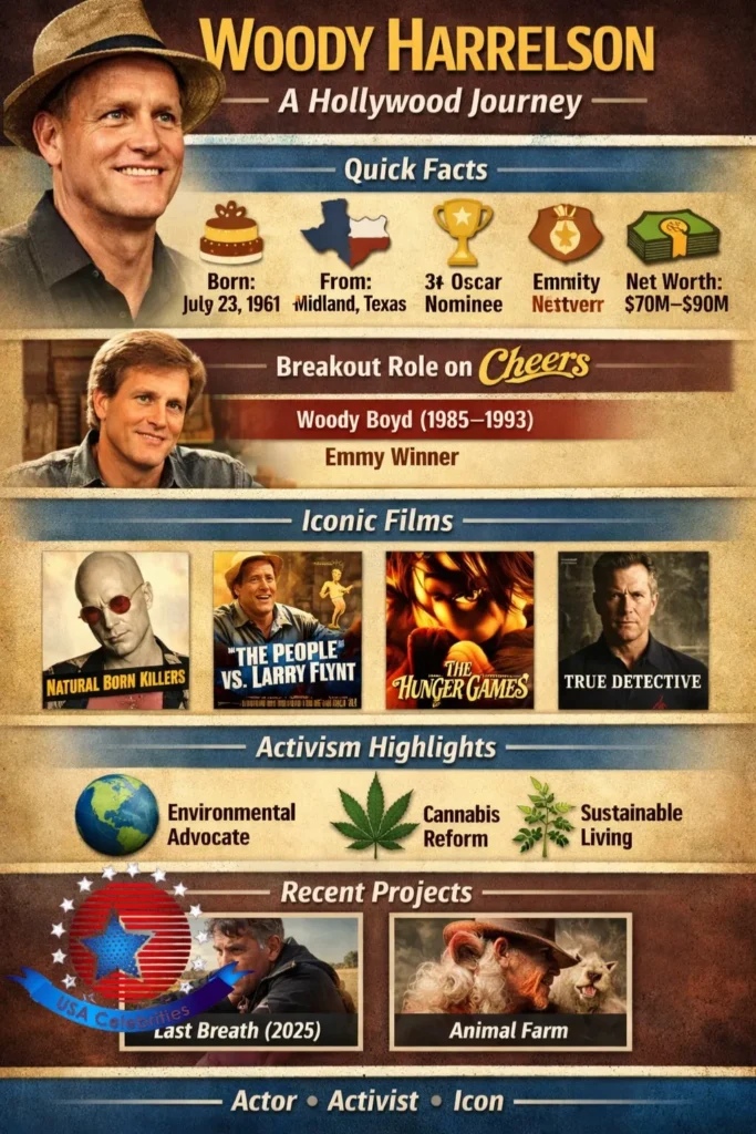  "Woody Harrelson infographic showcasing his biography, iconic movies, awards, activism, and recent projects, including Cheers, No Country for Old Men, The Hunger Games, and Zombieland."