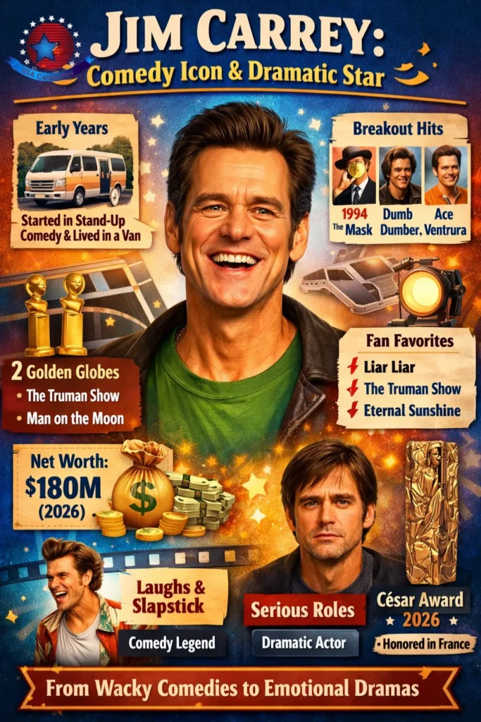 Alt Text
 "Jim Carrey infographic showing his biography, career timeline, top movies, Golden Globe wins, net worth 2026, César Award honor, and transition from comedy to drama."