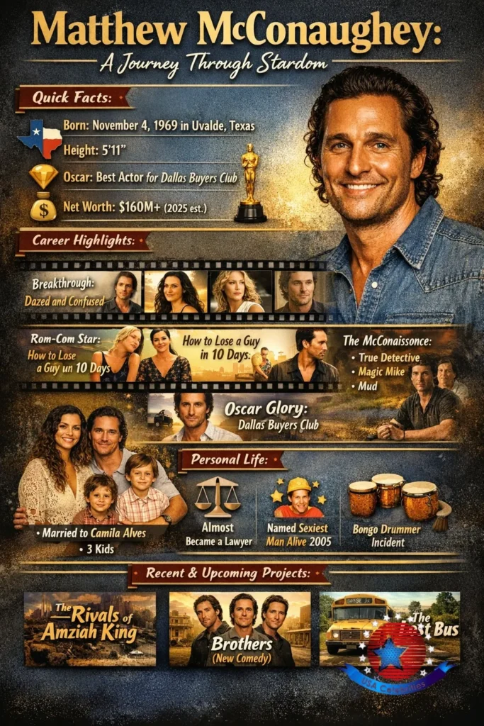 Infographic illustrating Matthew McConaughey’s life and career, including early life, breakthrough films like Dazed and Confused, romantic comedies, McConaissance roles, Oscar-winning performance in Dallas Buyers Club, personal life, philanthropy, and upcoming projects, featuring a central portrait of the actor.