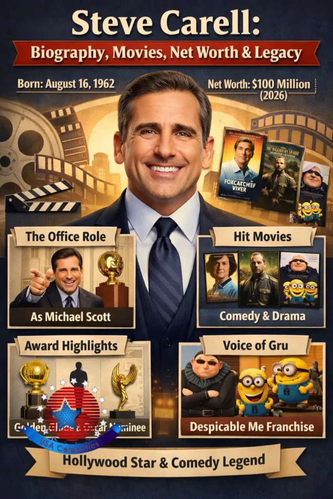 Steve Carell's biography infographic shows his birth date, net worth in 2026, famous role as Michael Scott in The Office, hit movies, major awards, and his voice role as Gru in Despicable Me.
