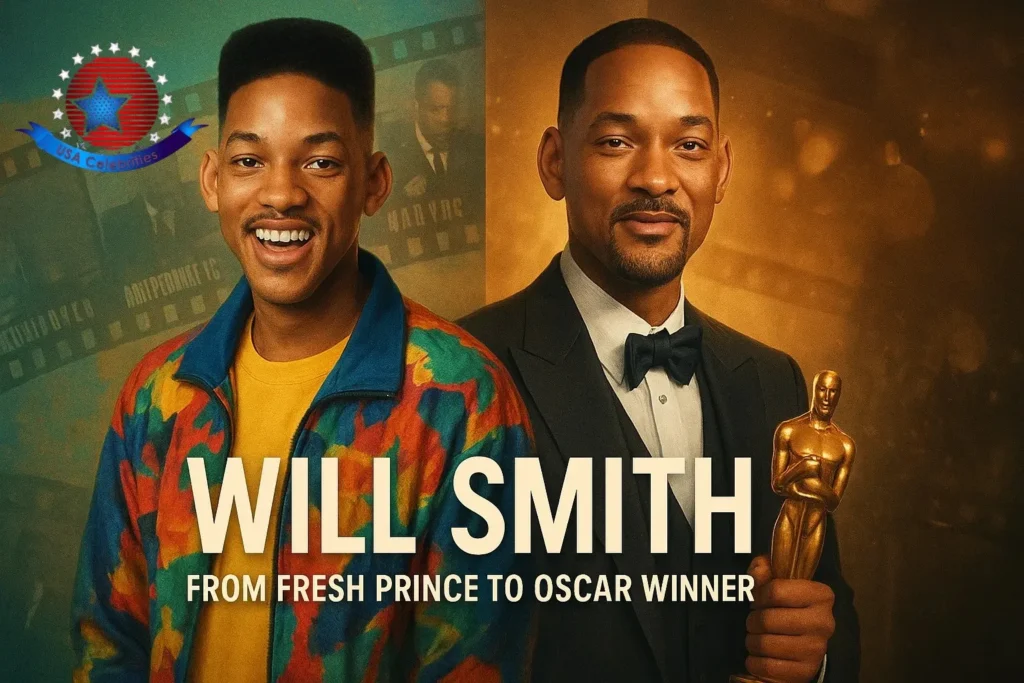 Will Smith 2026 biography infographic showing his age, net worth, Oscar win for King Richard, top movies like Men in Black, The Pursuit of Happyness, Independence Day, 2022 Oscars controversy, comeback projects, and streaming platforms including Netflix, Prime Video, Disney+, and Peacock.