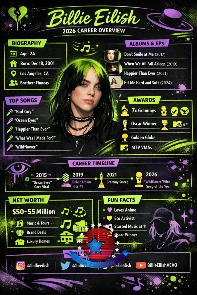 “Infographic of Billie Eilish’s 2026 complete biography, top albums, hit songs, major awards, career timeline, net worth, and fun facts.”