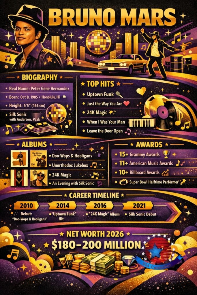 Bruno Mars biography infographic showing his career timeline, hit songs, albums, awards, and estimated net worth in 2026.