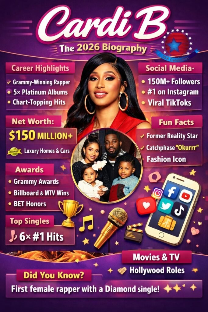 Infographic of Cardi B’s 2026 biography, career highlights, albums, hit songs, awards, net worth, personal life, and fun facts.