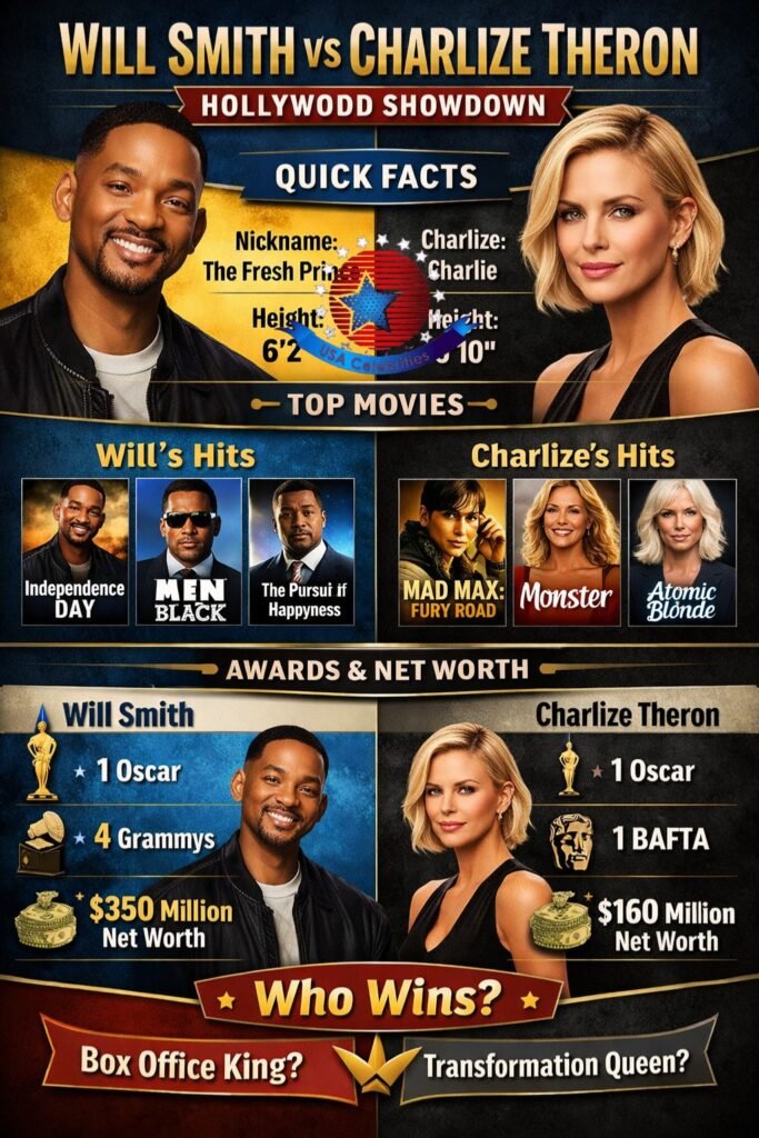 Will Smith and Charlize Theron top movies comparison, including Independence Day, Men in Black, Mad Max Fury Road, and Monster