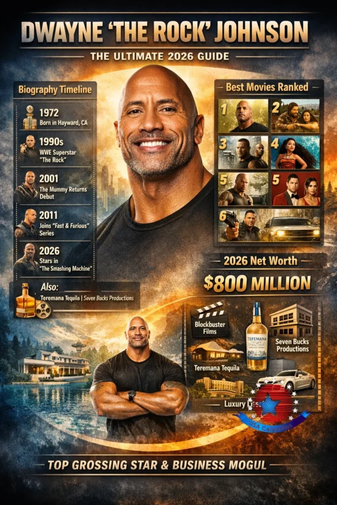 Dwayne “The Rock” Johnson cinematic infographic with biography timeline, top movies, and 2026 net worth snapshot.