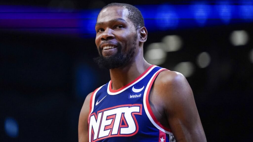 Kevin Durant infographic showing biography, NBA career stats, achievements, records, Olympic gold medals, and business ventures in 2026