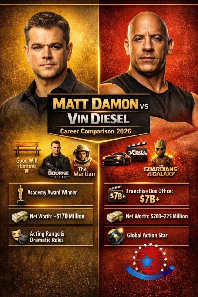 Matt Damon vs Vin Diesel: 2026 mein ek tasveeri jhalak – unki films, awards, franchise ki shandaar kaamyabi aur andaza net worth ka mukabla.
