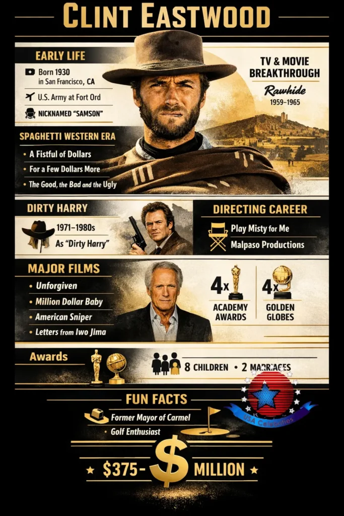 Infographic of Clint Eastwood showing his biography, career timeline, iconic movies, awards, net worth, and Hollywood legacy in 2026.