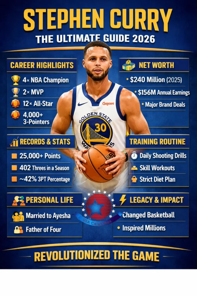 Kevin Durant infographic showing biography, NBA career stats, achievements, records, Olympic gold medals, and business ventures in 2026
