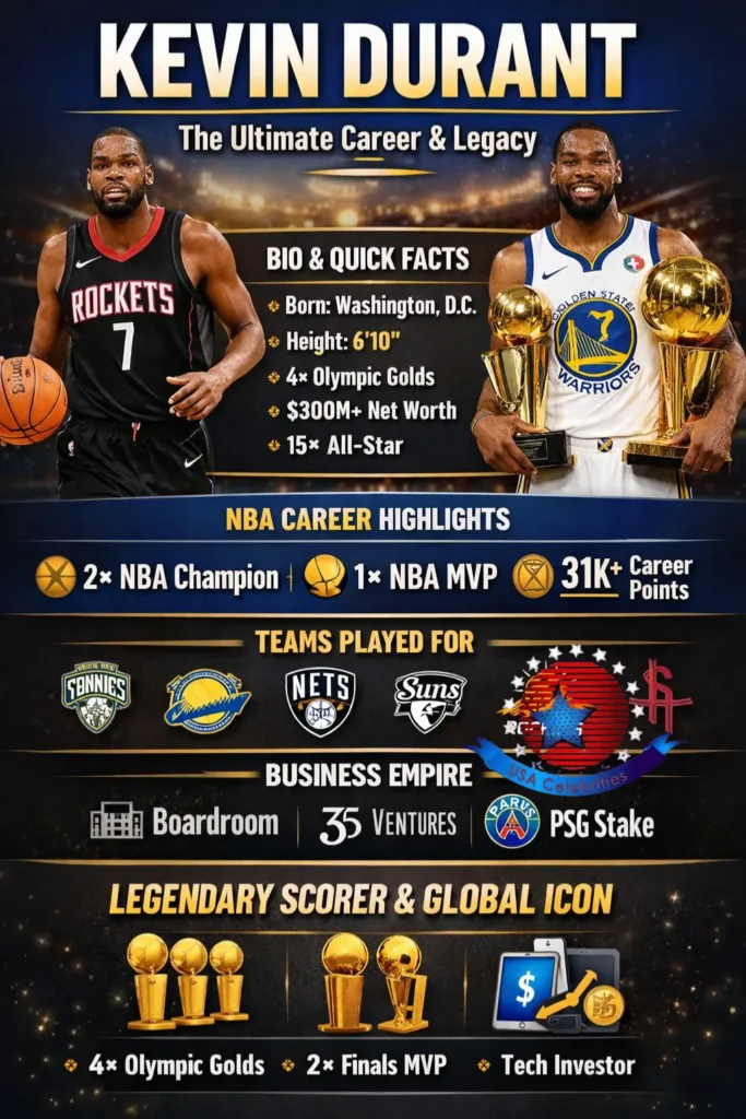 Kevin Durant infographic showing biography, NBA career stats, achievements, records, Olympic gold medals, and business ventures in 2026