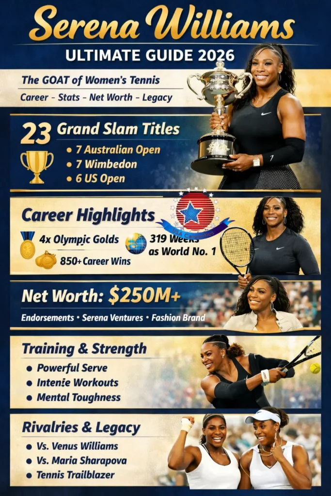 “Serena Williams infographic highlighting her 23 Grand Slam titles, Olympic gold medals, career stats, net worth, training routine, and legacy as the GOAT of women’s tennis.”