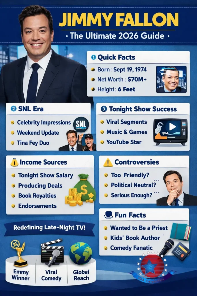 Jimmy Kimmel hosts Jimmy Kimmel Live with celebrity guests, showcasing his late-night comedy, interviews, and emotional storytelling style.