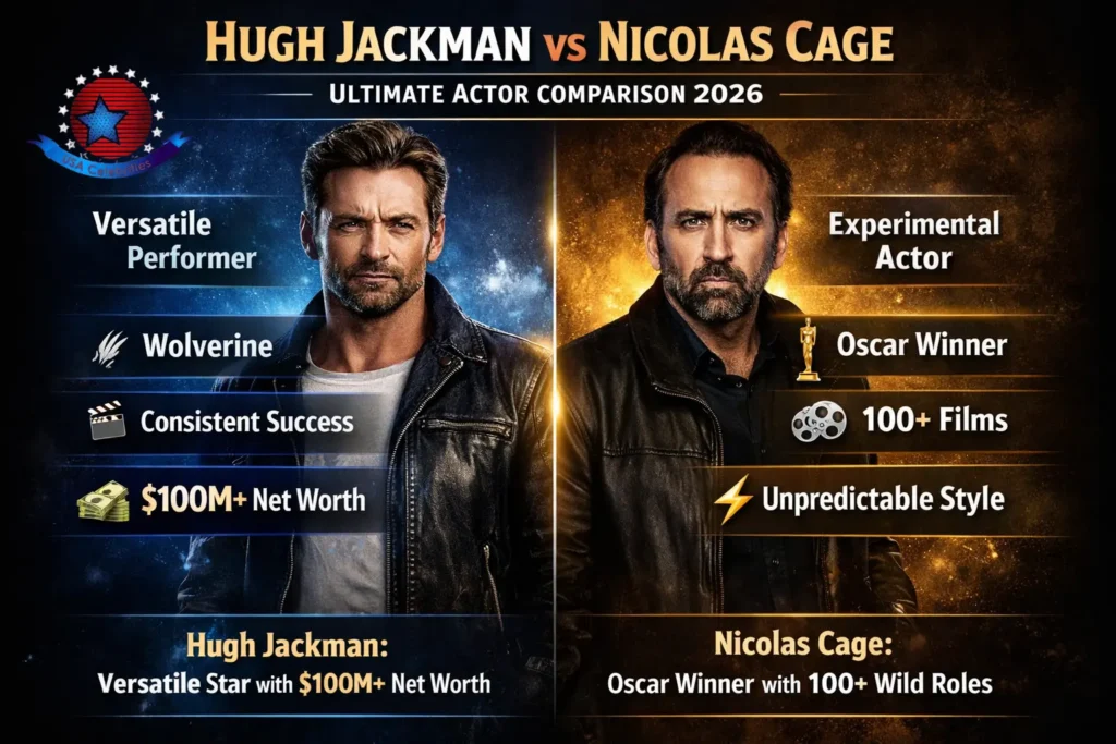 Comparison infographic of Hugh Jackman vs Nicolas Cage, highlighting acting style, net worth, awards, career achievements, and movie success in 2026.