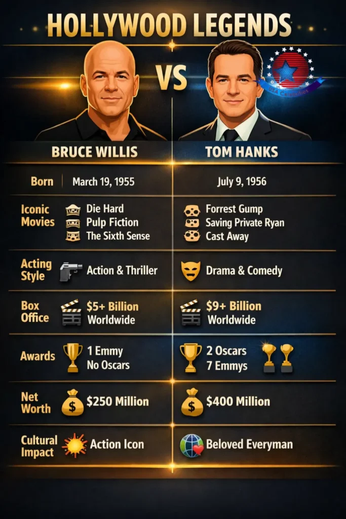 “Infographic comparing Bruce Willis vs Tom Hanks: including their iconic movies, acting styles, awards, net worth, and career highlights in a side-by-side visual format.”
