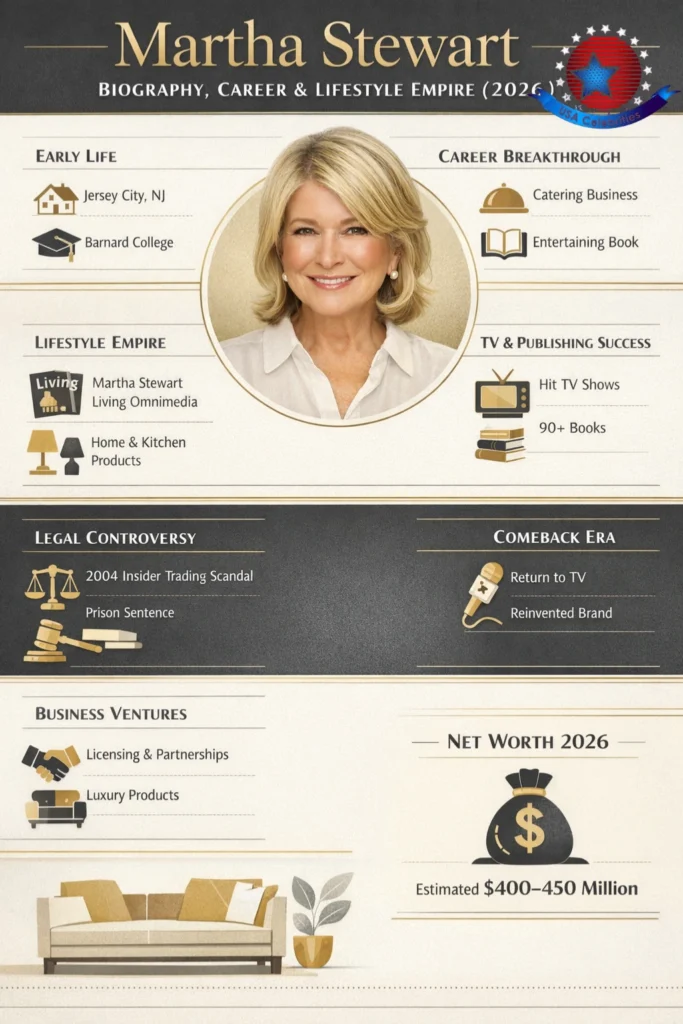 Martha Stewart biography infographic showing career timeline, lifestyle empire growth, business ventures, comeback story, and estimated net worth in 2026.