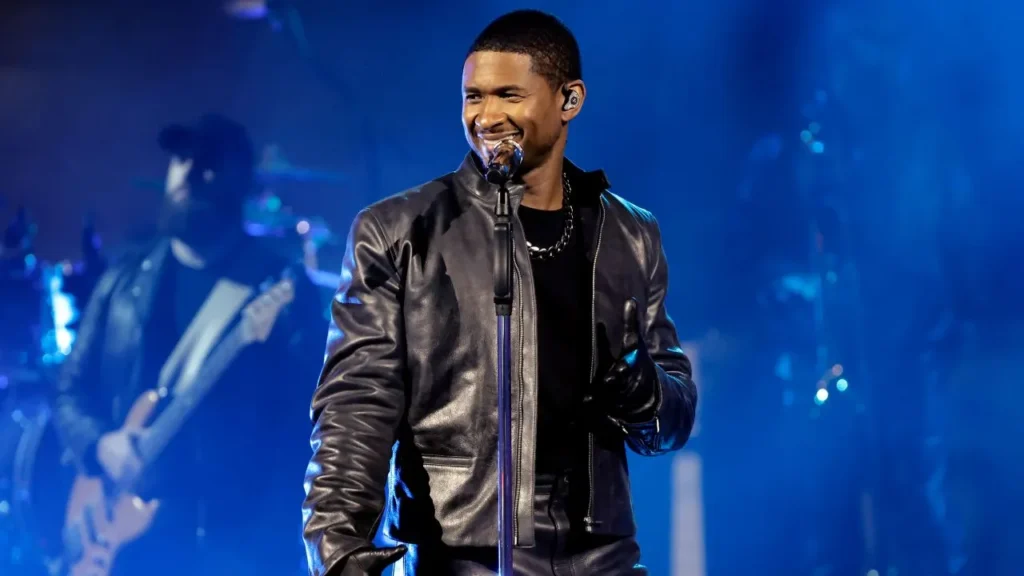 "Infographic of Usher Raymond IV 2026 biography, highlighting career milestones, top albums, Grammy wins, Super Bowl LVIII performance, business ventures, and net worth."