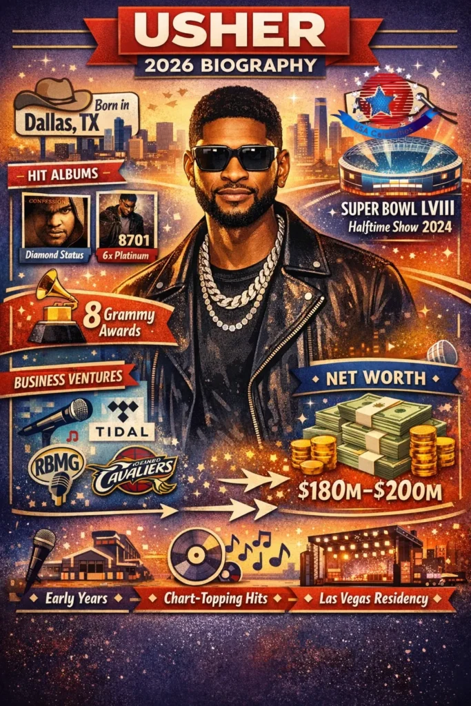 "Infographic of Usher Raymond IV 2026 biography, highlighting career milestones, top albums, Grammy wins, Super Bowl LVIII performance, business ventures, and net worth."