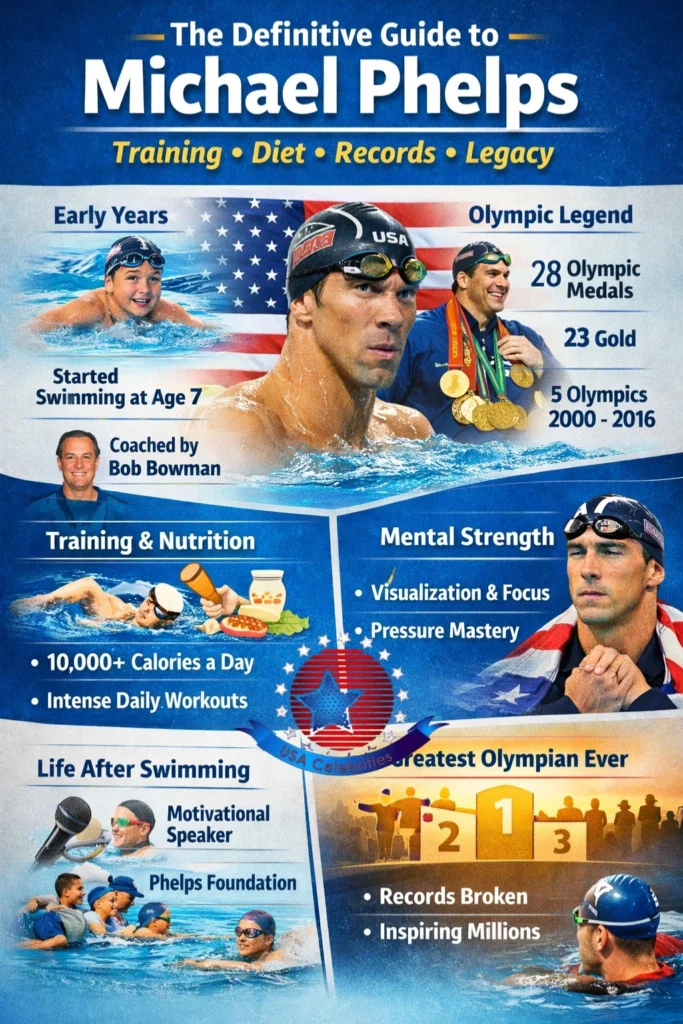 Infographic presenting Michael Phelps’ Olympic achievements, training routine, nutrition plan, mental preparation, and long-term legacy in competitive swimming