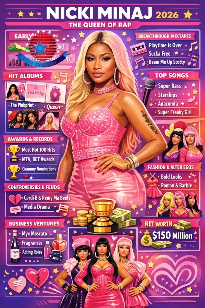 Infographic of Nicki Minaj biography 2026 including early life, albums, hit songs, awards, controversies, fashion, business ventures, and net worth